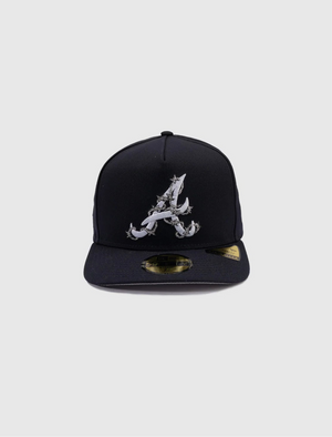 Navy NEW ERA FENCE BRAVES HAT with raised embroidered Atlanta Braves logo and fence detail
